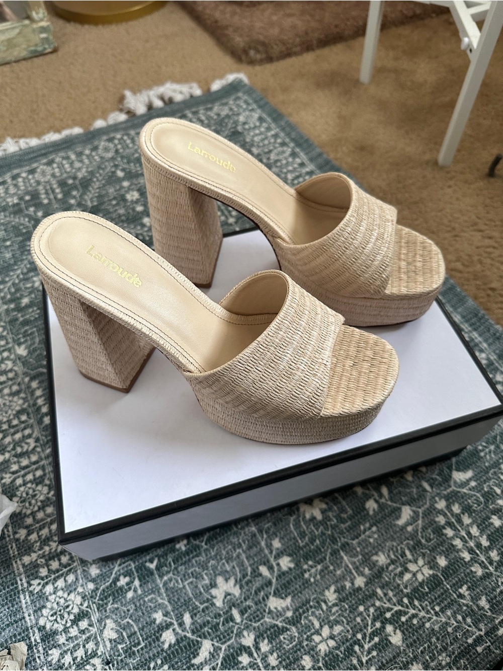 Larroude Natural Raffia Platform Block Heel Slides